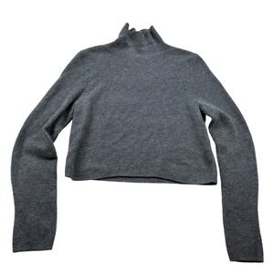 Elie Tahari Cashmere Cropped Sweater Gray Ribbed Turtleneck Puffed Sleeves Small
